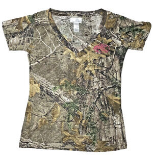 Bass Pro Shops Realtree Camo V-Neck T-Shirt Women's Size L Pink Glitter Logo